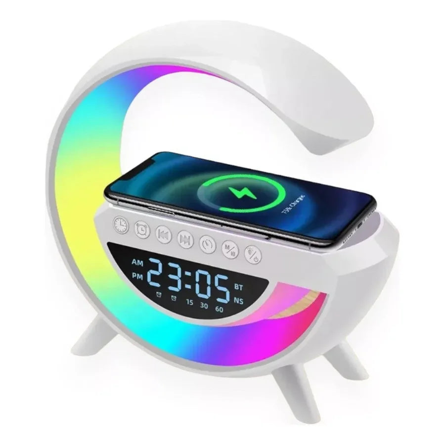 Despertador COM RELÓGIO em forma de G LED Multifuncional 6 em 1 Rádio Recarregador RGB Recarregamento de celular por indução