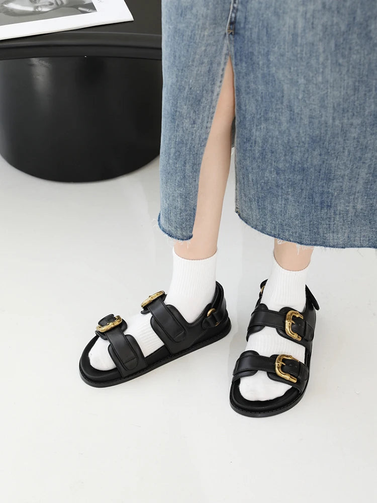 MOOQDAAX 2024 Spring Summer Women Fashion Genuine Leather Thick Sole Roman Sandals Female Solid Color Casual Beach Flat Shoes