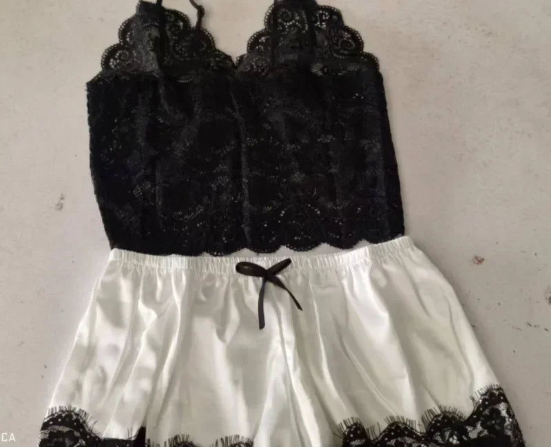 Women Fashion Elegant Pajama Sets Women Lace Silk Sleepwear Sexy Lingerie Crop Tops and Shorts Babydoll Loungewear Pijamas