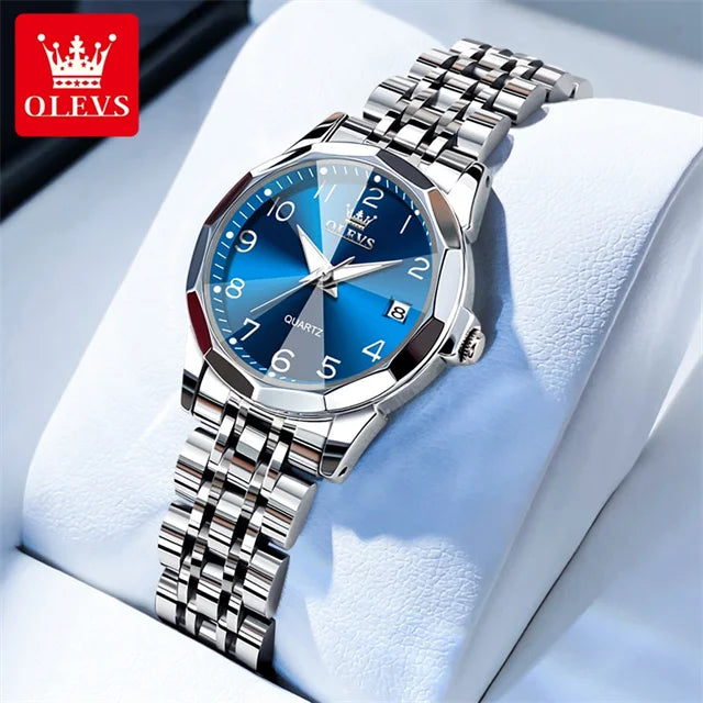 OLEVS 9970 Couple Watch Classic Digital Dial Stainless Steel Rhombus Mirror Luxury Top Quartz Watches for Men Women Lover's Gift