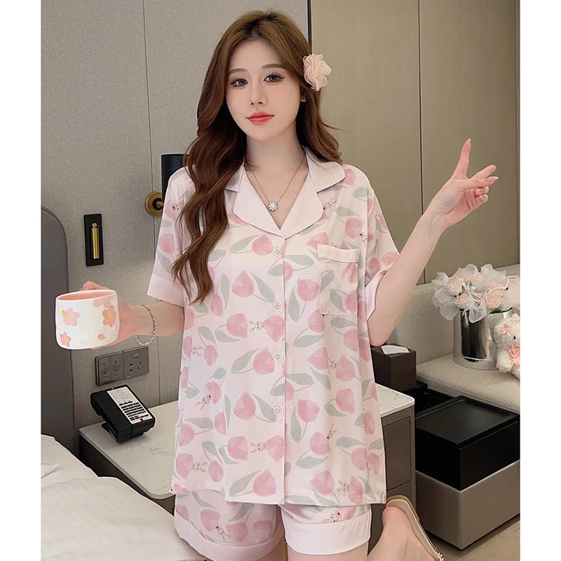 Lotus Leaf Flower Side Cartoon Print Pajamas for Women Purple Bear Graphic Female Short Lounges 2024 New Y2k Summer Housewear