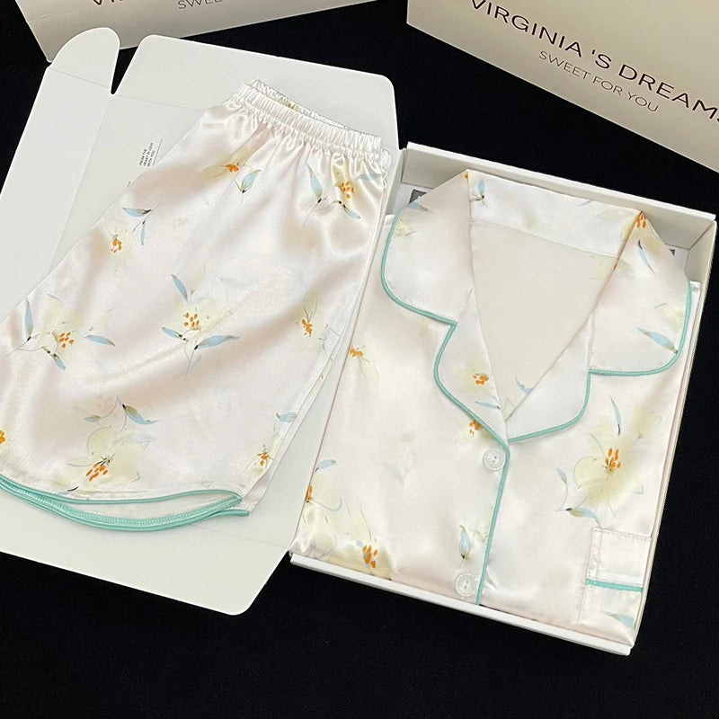 Lotus Leaf Flower Side Cartoon Print Pajamas for Women Purple Bear Graphic Female Short Lounges 2024 New Y2k Summer Housewear