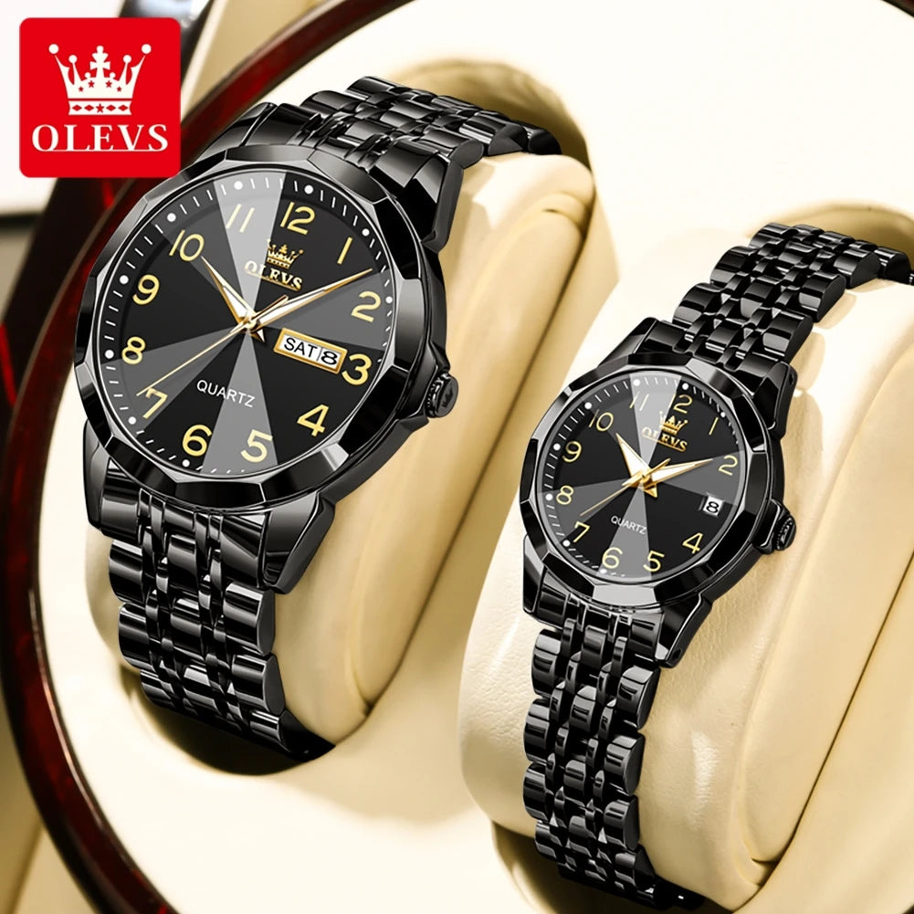 OLEVS 9970 New Luxury Quartz Couple Watch For Men Women Number Dial Rhombus Mirror Hand Clock Stainless Steel Original Watches