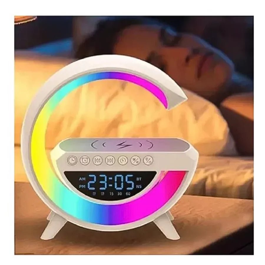 Despertador COM RELÓGIO em forma de G LED Multifuncional 6 em 1 Rádio Recarregador RGB Recarregamento de celular por indução