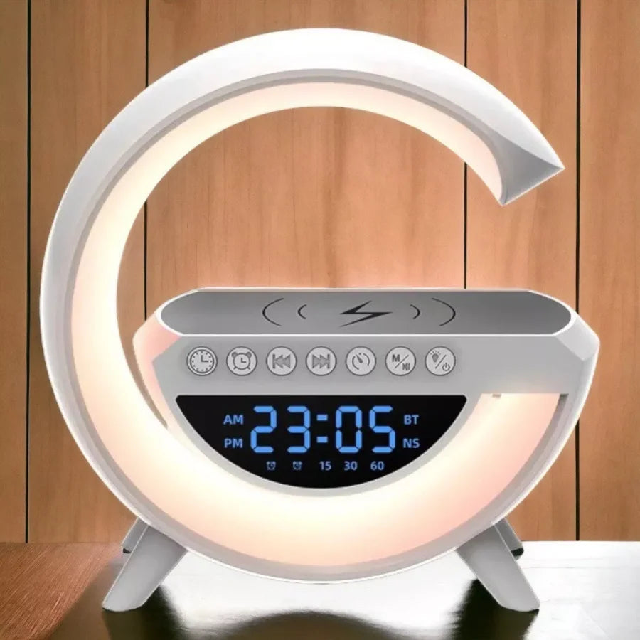 Despertador COM RELÓGIO em forma de G LED Multifuncional 6 em 1 Rádio Recarregador RGB Recarregamento de celular por indução