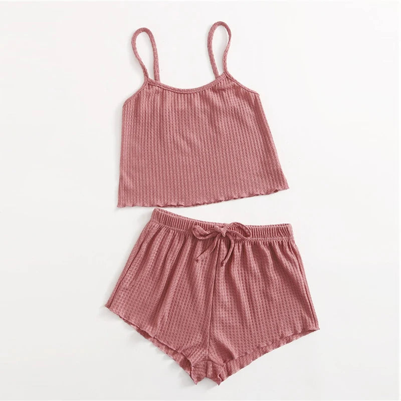 Sexy Lingerie Knitted Sling Pyjamas Suit Women Pajamas Set Lace Spaghetti Strap Cami Top Short Pant Silk Satin Pijama Sleepwear