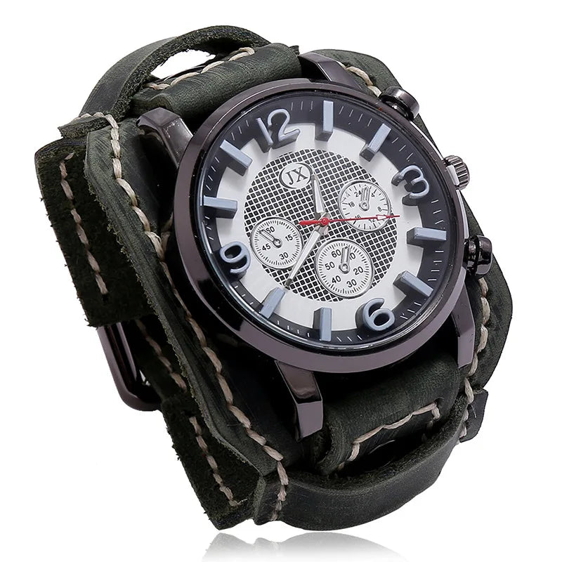 New Retro Mens Watches Genuine Leather Wide Watchband Wristwatch Fashion Punk Style Quartz Watch For Men 2023 Cowhide Bangles