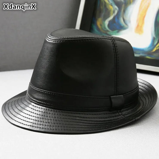 XdanqinX Autumn Men's Genuine Leather Hat Sheepskin Leather Fedoras gorras Jazz Hats Fashion Trend Brands Leather Caps For Men