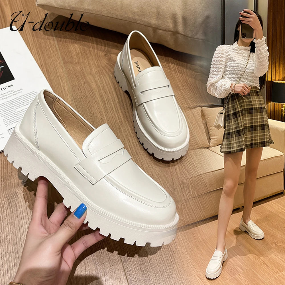 U-DOUBLE Spring Shoes Women British Style 2022 New Thick-soled College Style Casual Loafers Genuine Leather Fashion Shoes Girls