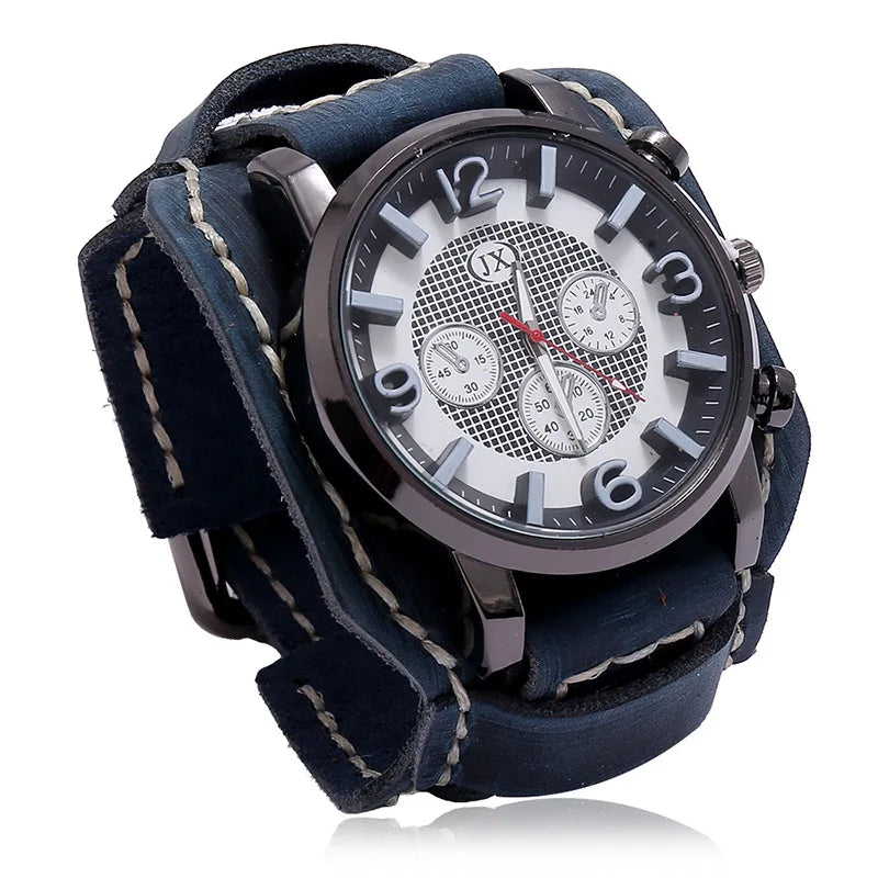 New Retro Mens Watches Genuine Leather Wide Watchband Wristwatch Fashion Punk Style Quartz Watch For Men 2023 Cowhide Bangles