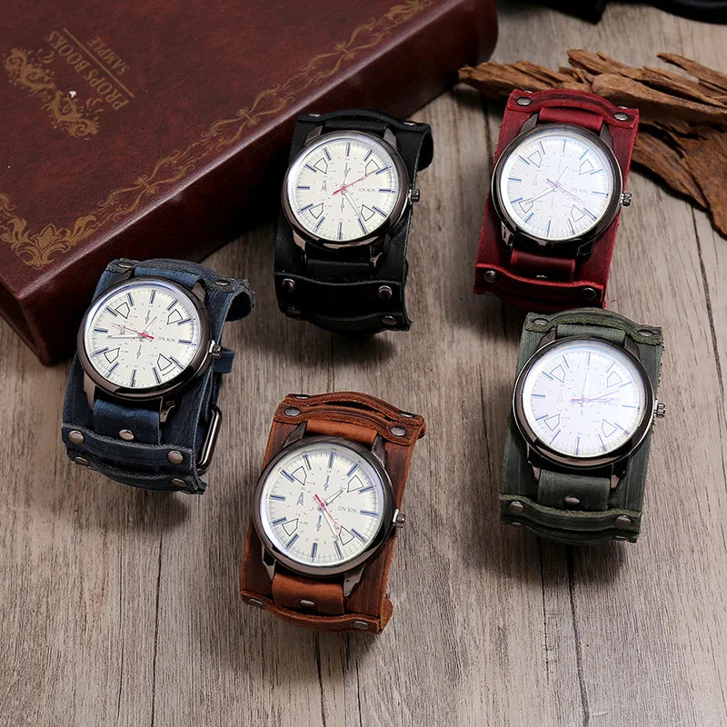 New Men's Watches Retro Clocks Punk Style Genuine Leather Strap Quartz Wristwatch 2023 Fashion Men Gift Lovers Cowhide Watch