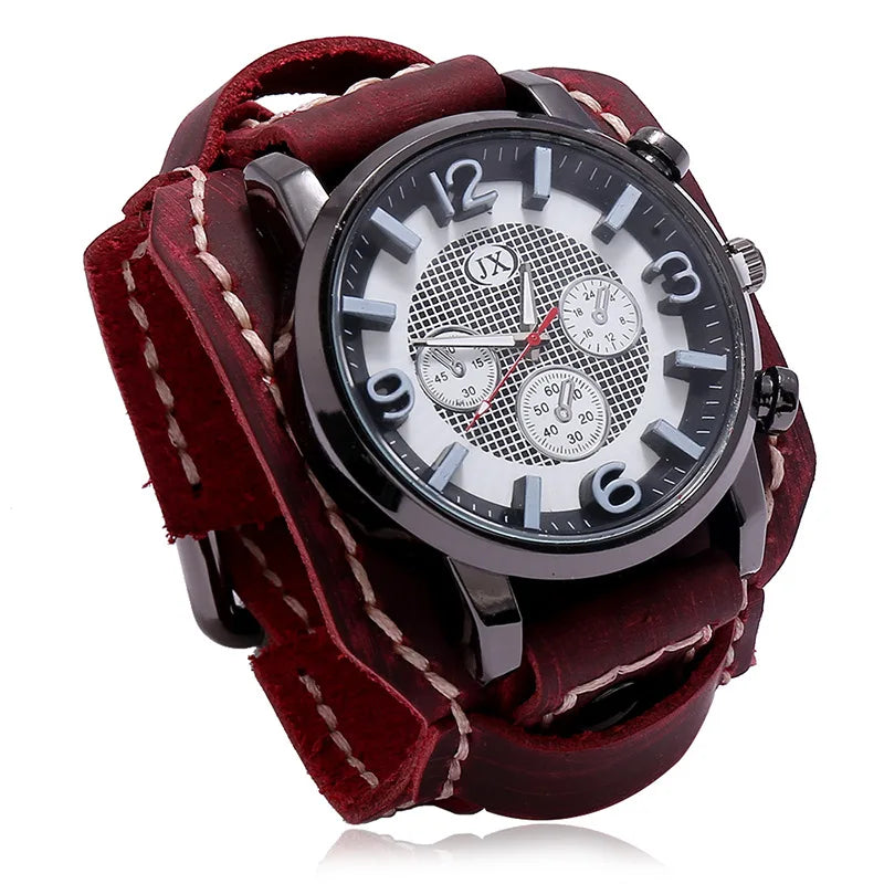 New Retro Mens Watches Genuine Leather Wide Watchband Wristwatch Fashion Punk Style Quartz Watch For Men 2023 Cowhide Bangles