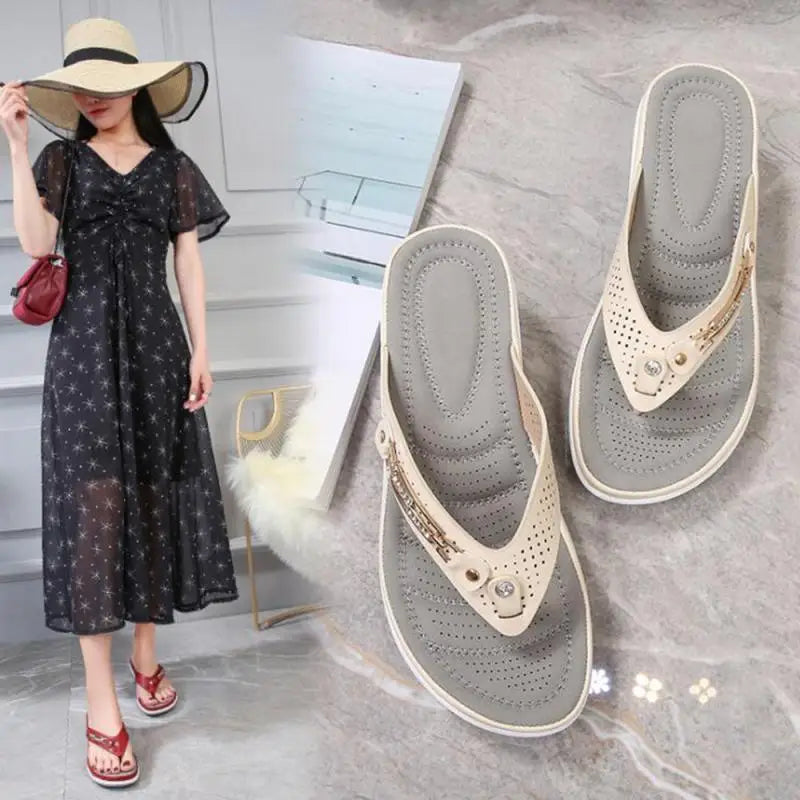 Women's Slippers Summer Wedges Metal Button Slides Shoes Wedge Beach Sandals Women Outside Platform Slippers Leisure Flip Flops