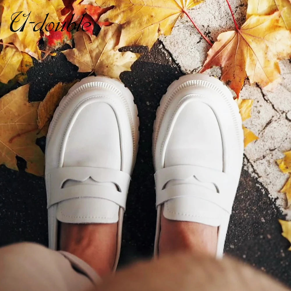 U-DOUBLE Spring Shoes Women British Style 2022 New Thick-soled College Style Casual Loafers Genuine Leather Fashion Shoes Girls