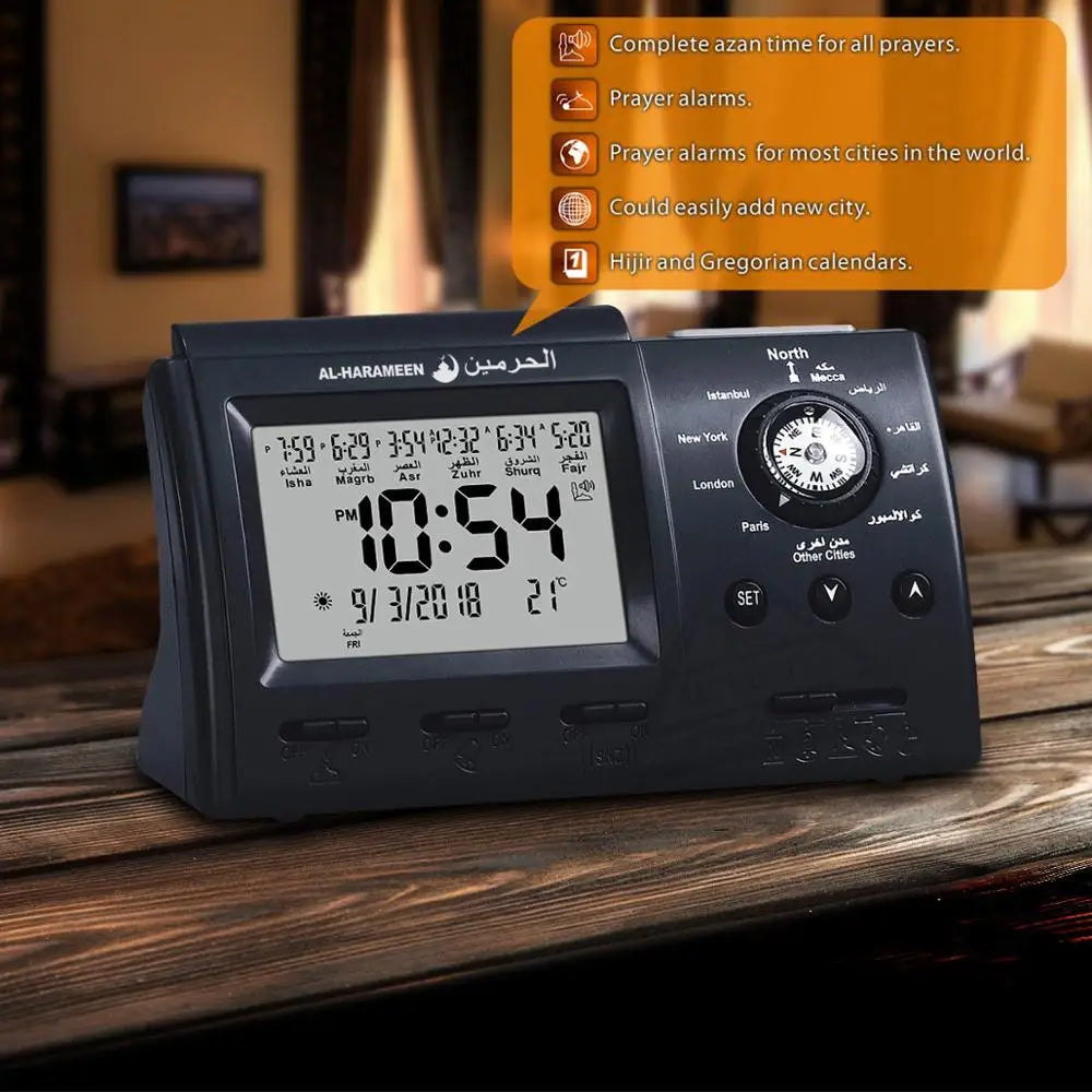 Table Clock Muslim Pray Azan Time Reminder for all Cities Al-Harameen Mecca Desk Prayer Alarm with Qibla Compass Hijri Calendar