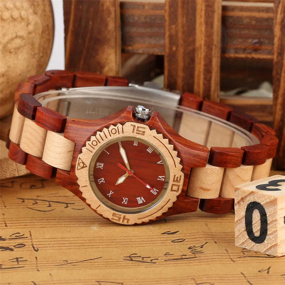 Bracelet Wood Lady Watch Quartz Movement White Roman Numerals Display Full Wooden Women's Bangle Wristwatch Stylish Female Clock