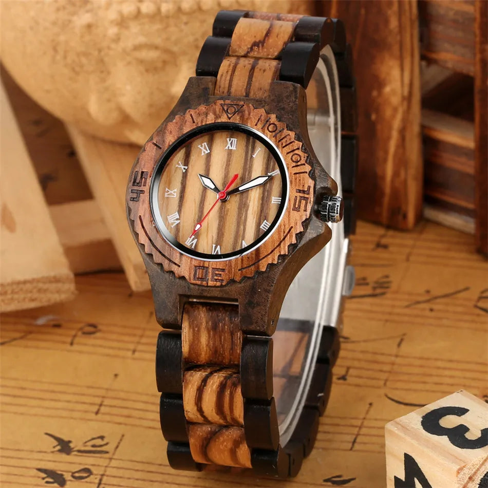 Bracelet Wood Lady Watch Quartz Movement White Roman Numerals Display Full Wooden Women's Bangle Wristwatch Stylish Female Clock