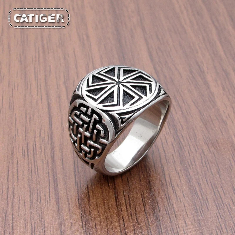 Punk 316L Stainless Steel Vikings Slavic Wheel Amulet Ring Scandinavian Runic Vikings Rings  Jewelry