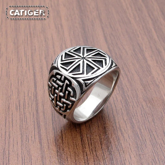 Punk 316L Stainless Steel Vikings Slavic Wheel Amulet Ring Scandinavian Runic Vikings Rings  Jewelry