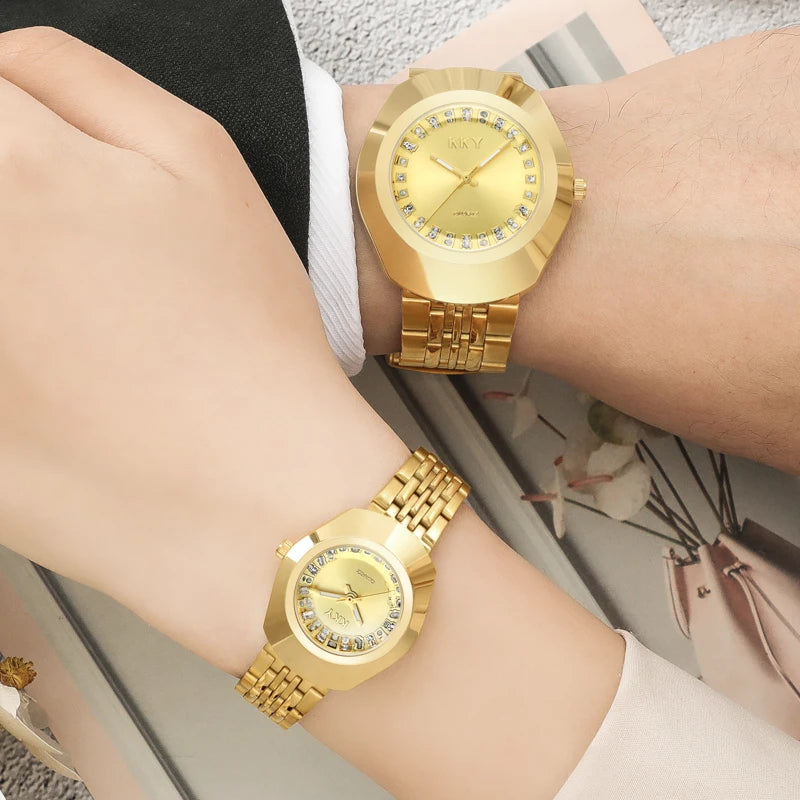 New Golden Luxury Quartz Men Women Watches Gold Bracelet Wrist Watches Full Steel Fashion Creative Female Male Clock Gift 2024