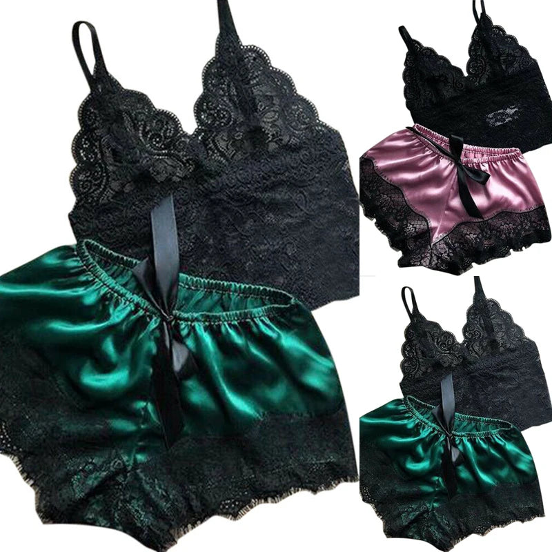 1 Set  Womens Lace Sleepwear Lingerie Tops Shorts Set Babydoll Pajamas Nightwear