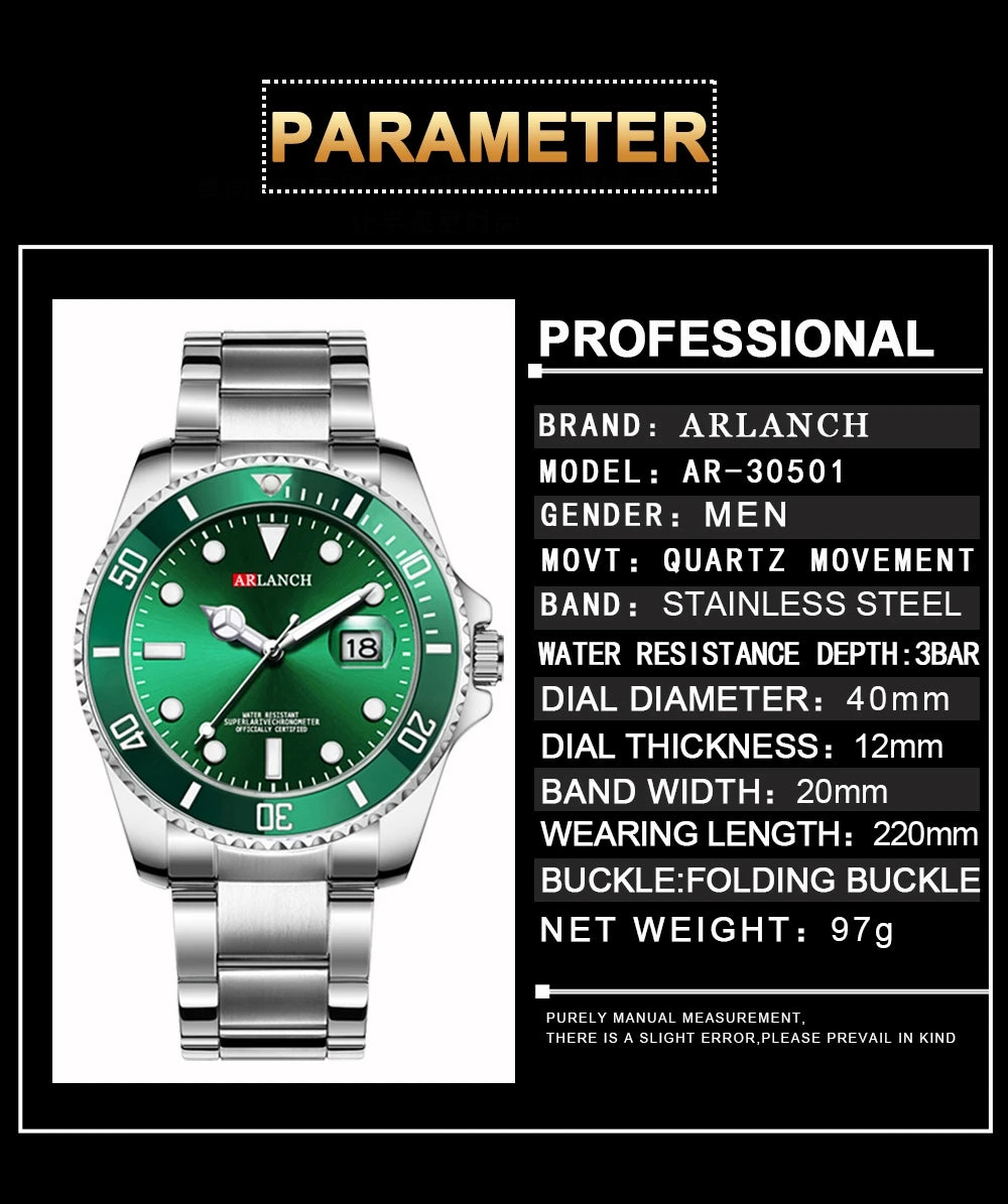 ARLANCH Top Brand Luxury Mens Watches Stainless Steel Business Waterproof Date Quartz Watch Men Fashion Luminous Sport Clock