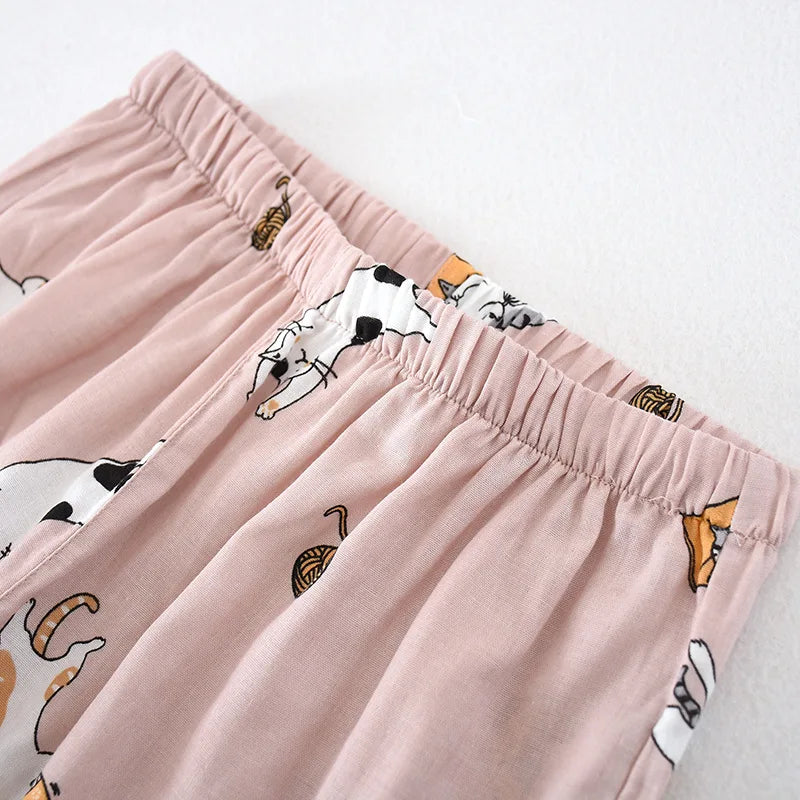 Women Kimono Pajamas Homewear Suit Cat Printing Cartoon Design Long Trousers Sleep Wear Spring and Summer Women Pijamas De Mujer