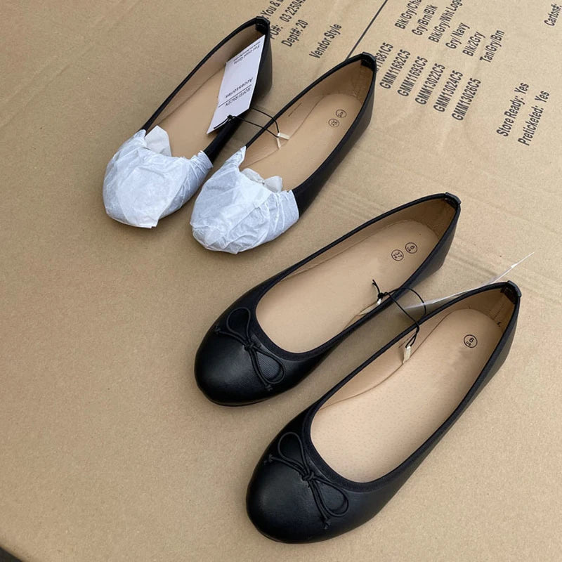 حذاء باليه أنيق من الحرير سهل الارتداء من Aneikeh Fashion باللون الأسود 2024 حذاء باليه مسطح بكعب منخفض وعقدة ضحلة صيفية للسيدات