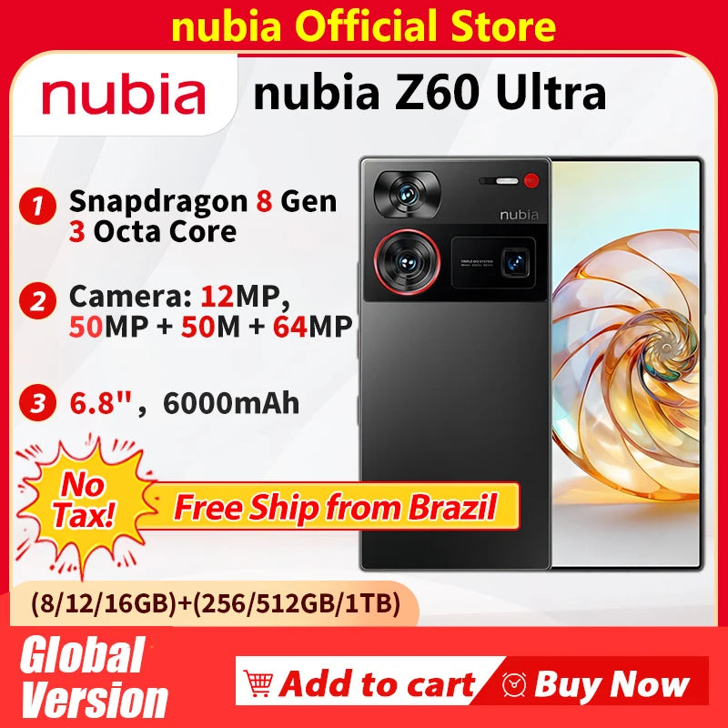 No Tax Ship from Brazil Nubia Z60 Ultra Global Version 64MP Main 6.8‘’ 5G Phone Snapdragon 8Gen3 NFC 6000mAh 80W IP68ModelNX721J