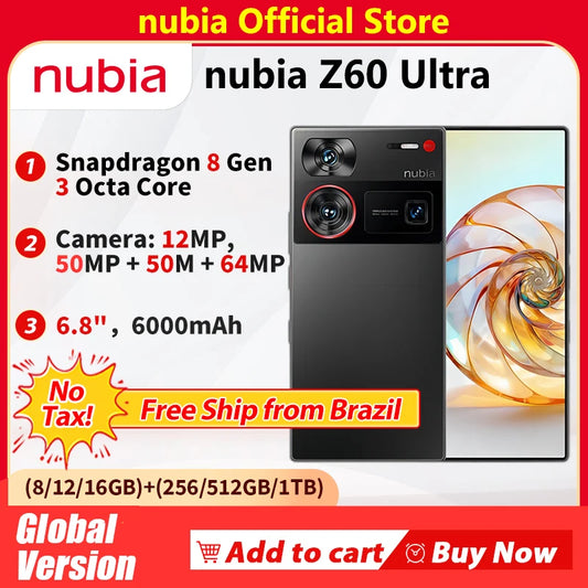 No Tax Ship from Brazil Nubia Z60 Ultra Global Version 64MP Main 6.8‘’ 5G Phone Snapdragon 8Gen3 NFC 6000mAh 80W IP68ModelNX721J