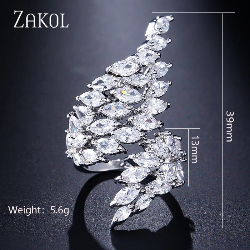ZAKOL Fashion White Zirconia Leaf Open Rings for Girl Trendy Crystal Wing Finger Adjust Ring Party Women Jewelry