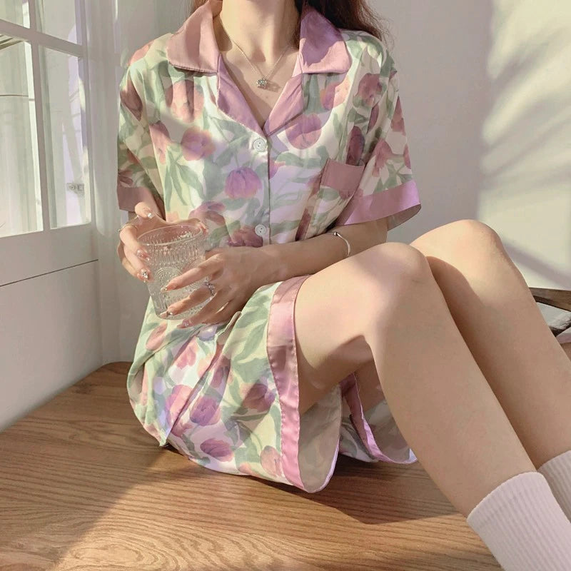 Lotus Leaf Flower Side Cartoon Print Pajamas for Women Purple Bear Graphic Female Short Lounges 2024 New Y2k Summer Housewear