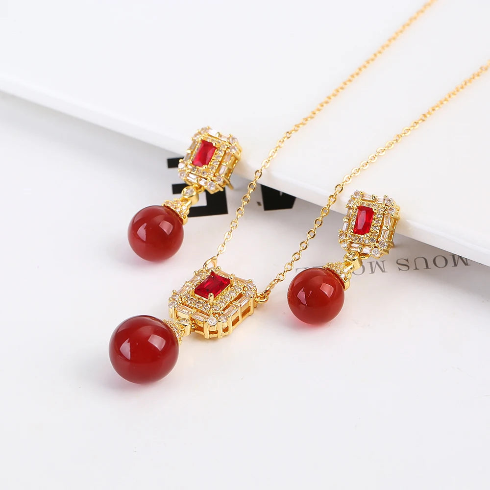 Tiger's Eye Creative Hot Sale Emerald Diamond Inlaid Necklace/Earring Set Women's Stainless Steel Chain High Quality Gift