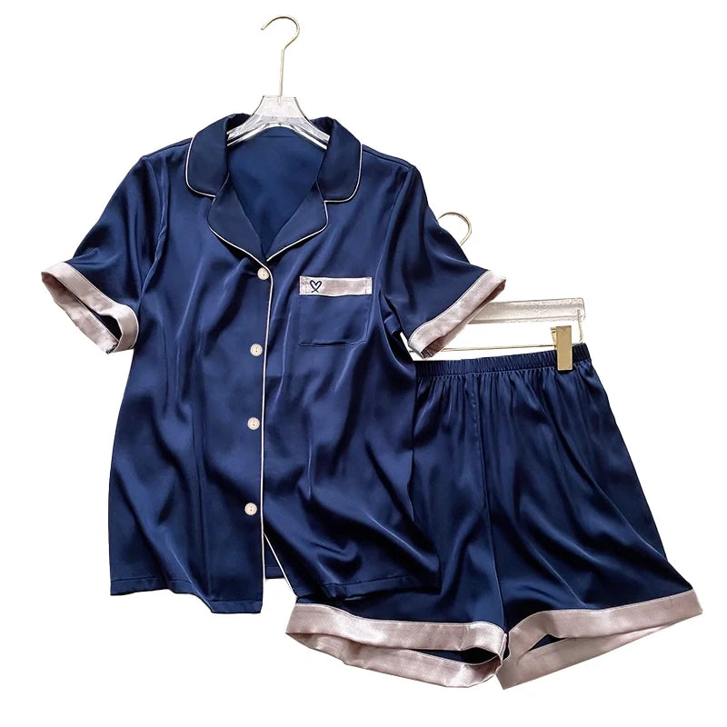 Embroidery Grapic Women's Pajama Set Faux Silk Satin Pajamas Sets Two Piece Shorts Set Women Comfortable Home Pajamas Clothing