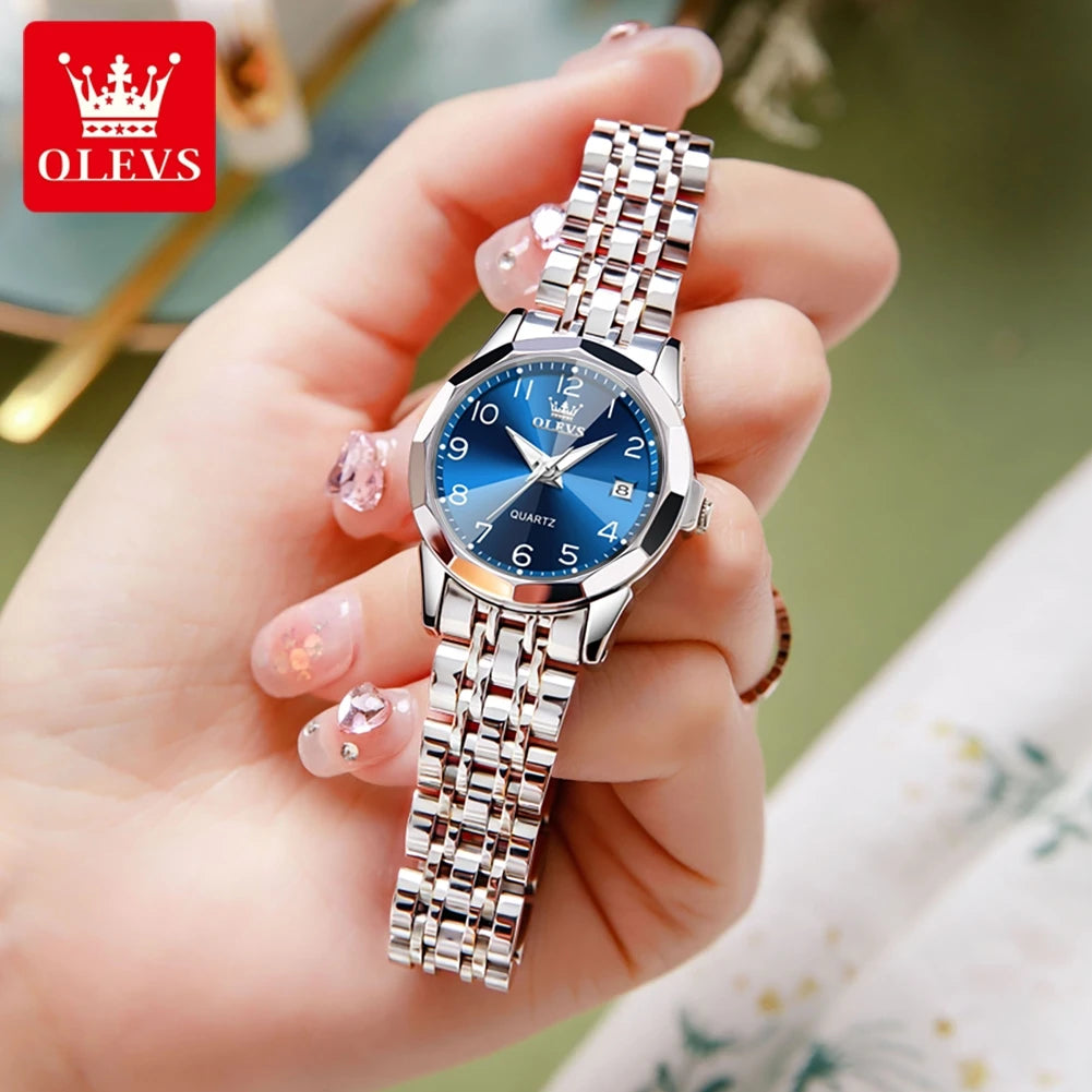 OLEVS 9970 New Luxury Quartz Couple Watch For Men Women Number Dial Rhombus Mirror Hand Clock Stainless Steel Original Watches