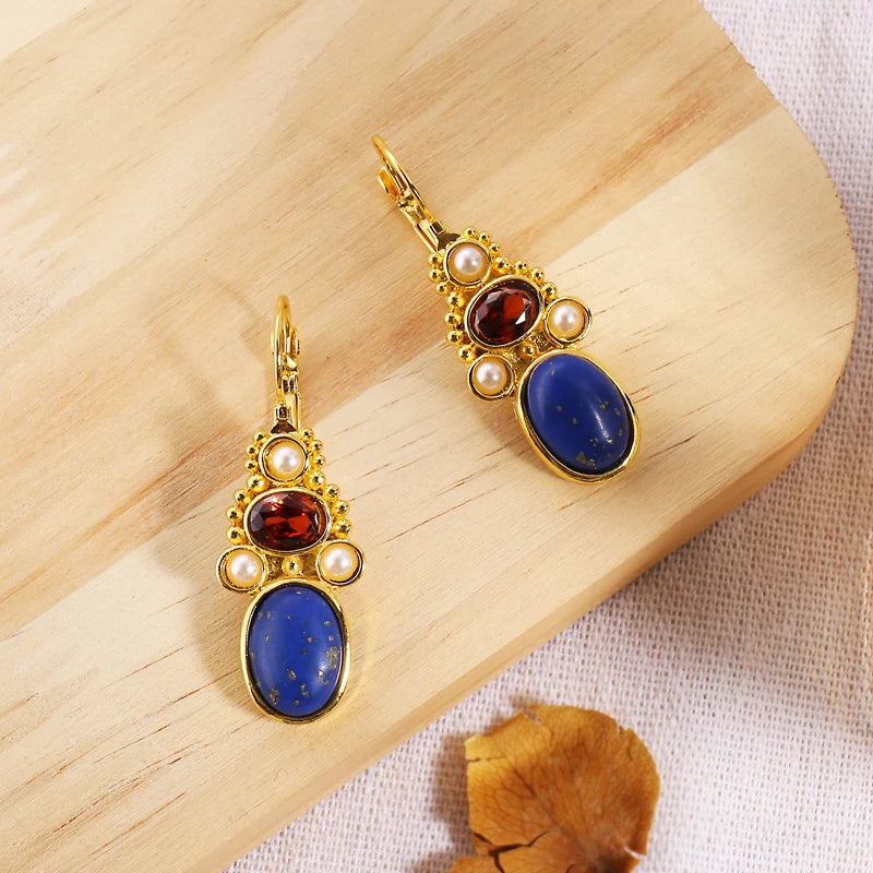 Fashion Gold Color Temperament Female Earrings Oval Lapis Lazuli Inlaid Pearl Leverback Drop Earrings Party Jewelry