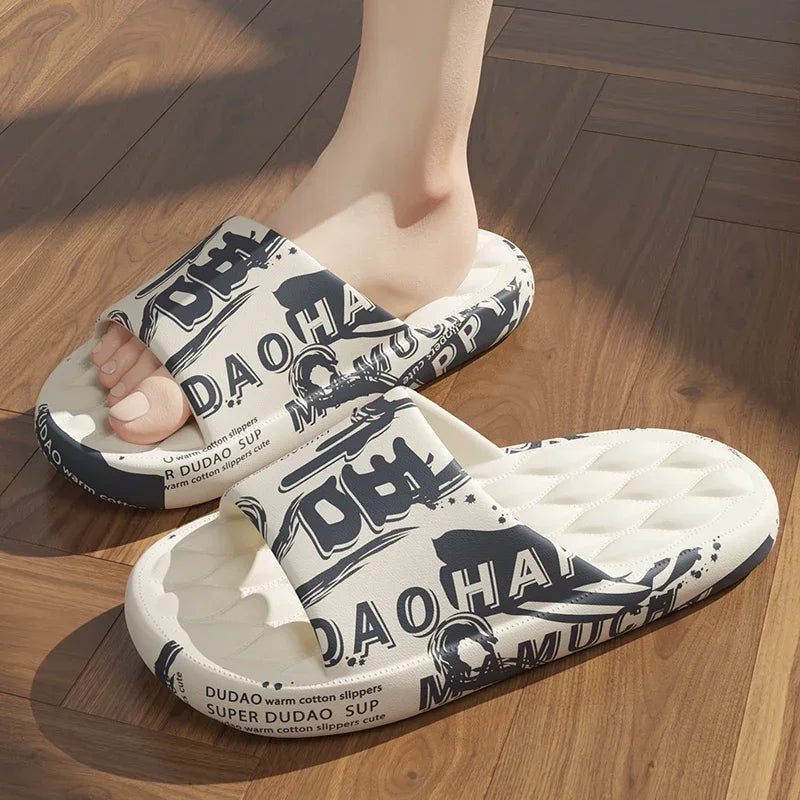 QYCKABY 2024 Mens Summer Slippers Beach Sandals Flip Flop Printing Thick Soled Boys Girls Unisex Home Bath Shoe Large Size 46-47