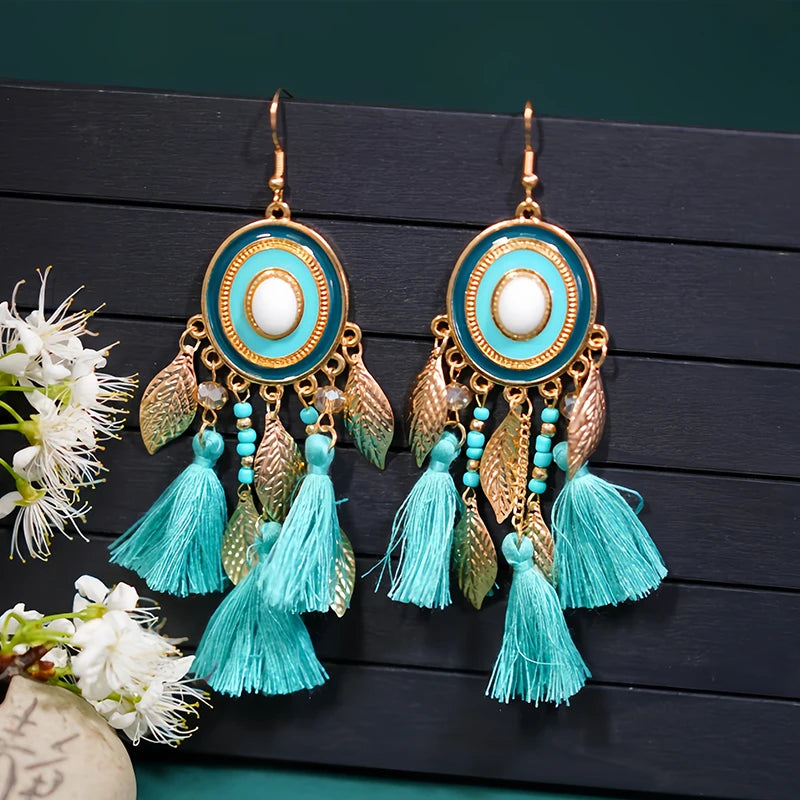 Fashion Boho Oval Drop Glaze Tassel Earrings for Women Ethnic Temperament Metal Leaf Bead Dangle Earring Vacation Party Jewelry