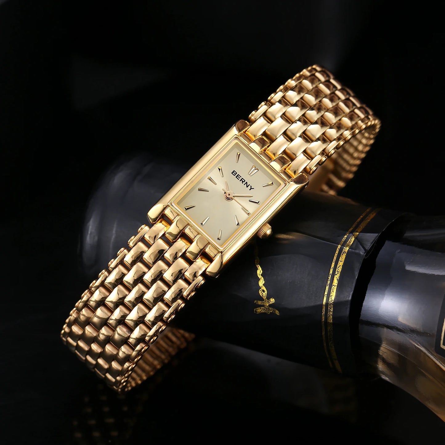 BERNY Gold Watch for Couple Luxury Women/Men Wristwatch Waterproof Golden Clock Quartz Stainless Steel Fashion Men Ladies Watch