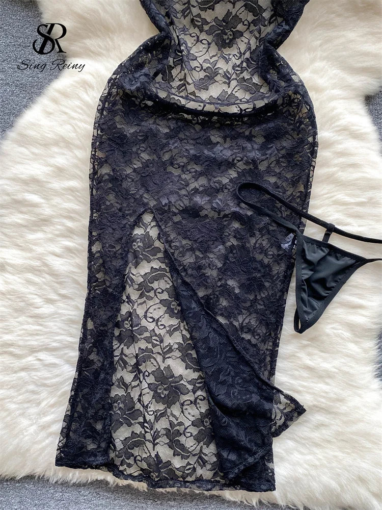 SINGREINY Summer France Sensual Night Dress Erotic Hollow Out Camis Lingerie Nightwear Women Split Slim Sheer Lace Pajamas Dress