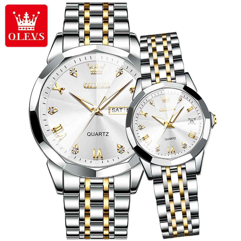 OLEVS 9931 Quartz for Couple Solid Stainless Steel Strap Rhombus Design Fashion Business Wristwatch Men's Watches Waterproof Set