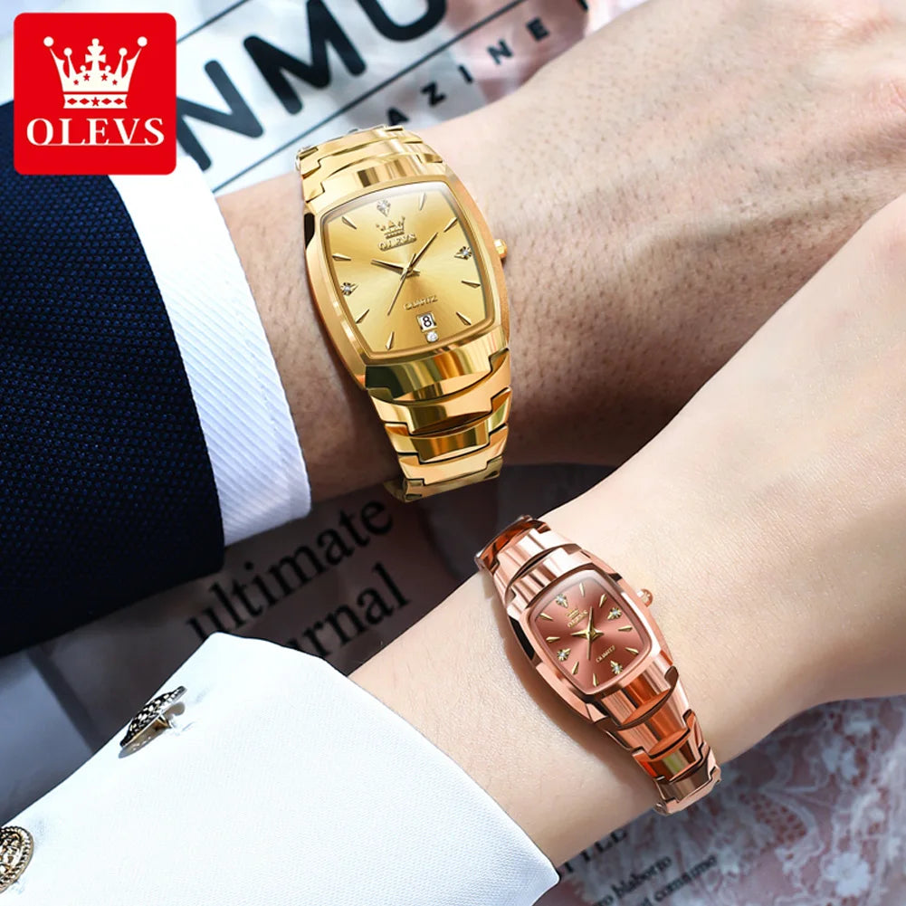 OLEVS 7006 Couple Watch for Men and Women Tungsten Steel Strap Waterproof Date Clock He and Her Watch Sets for Gifts Lover Watch