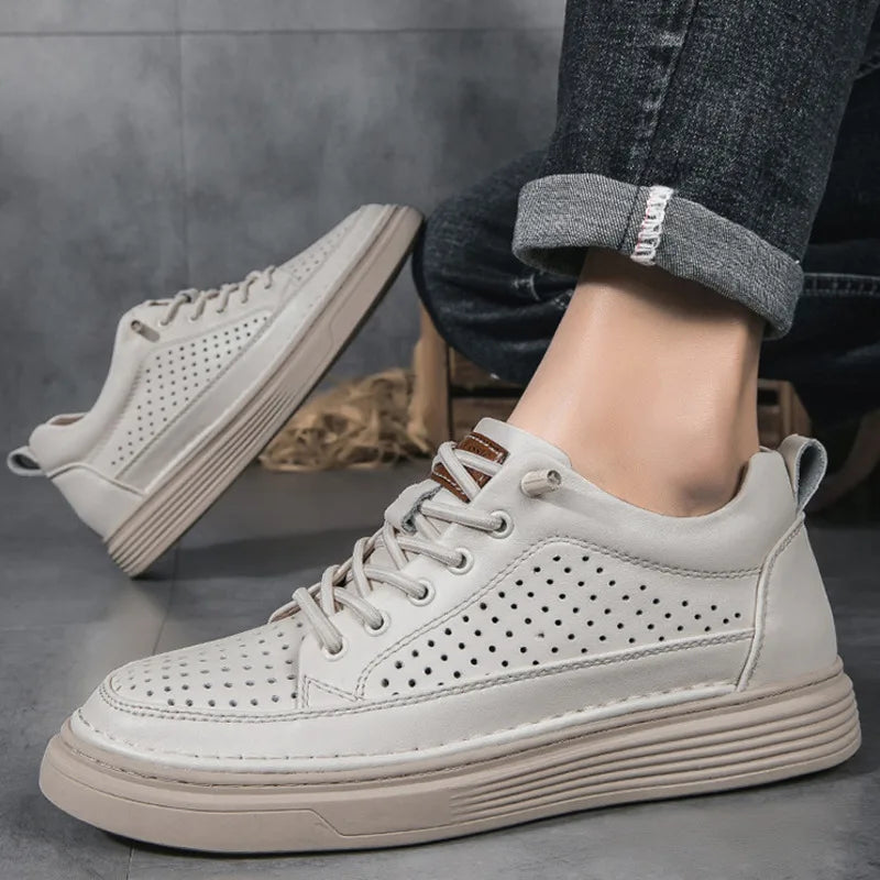Plus Size 45 46 Men Elevator Shoes Summer Cow Leather Hollow Casual Sports Shoes Man 6cm Height Increasing Lift Sneakers Men