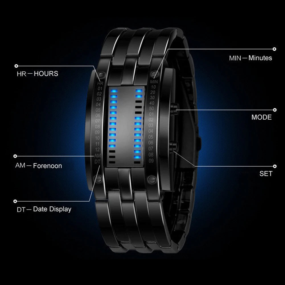 Luxury Lovers' Wristwatch Waterproof Men Women Stainless Steel Blue Binary Luminous LED Electronic Display Sport Watches Fashion