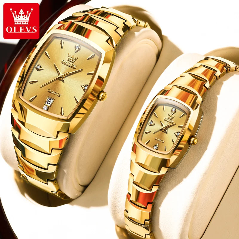 OLEVS 7006 Couple Watch for Men and Women Tungsten Steel Strap Waterproof Date Clock He and Her Watch Sets for Gifts Lover Watch