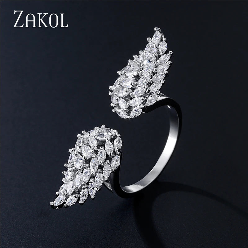 ZAKOL Fashion White Zirconia Leaf Open Rings for Girl Trendy Crystal Wing Finger Adjust Ring Party Women Jewelry