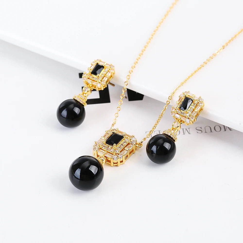 Tiger's Eye Creative Hot Sale Emerald Diamond Inlaid Necklace/Earring Set Women's Stainless Steel Chain High Quality Gift