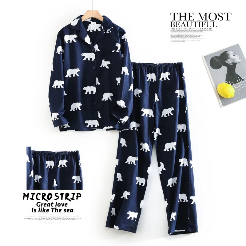 Women's Autumn and Winter Cartoon Printed Fashion Pattern Cotton Warm Brushed Homewear Pajamas Suit for Women Sleepwear