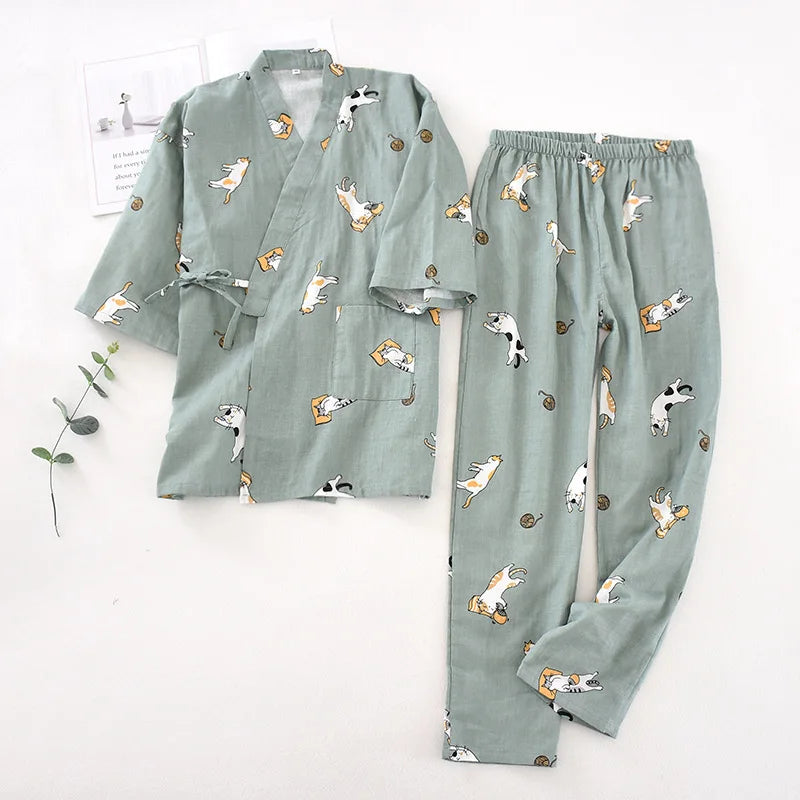 Women Kimono Pajamas Homewear Suit Cat Printing Cartoon Design Long Trousers Sleep Wear Spring and Summer Women Pijamas De Mujer