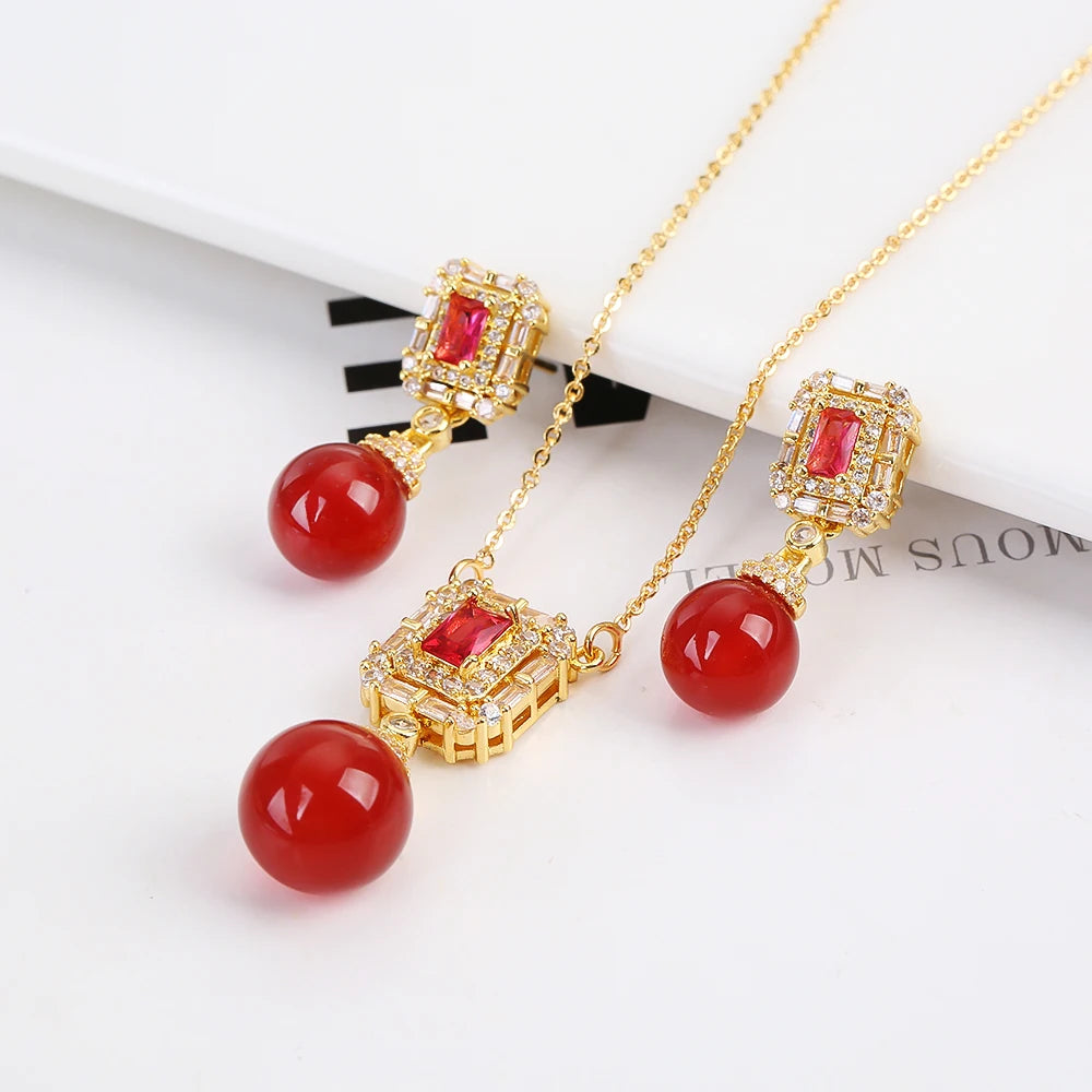 Tiger's Eye Creative Hot Sale Emerald Diamond Inlaid Necklace/Earring Set Women's Stainless Steel Chain High Quality Gift